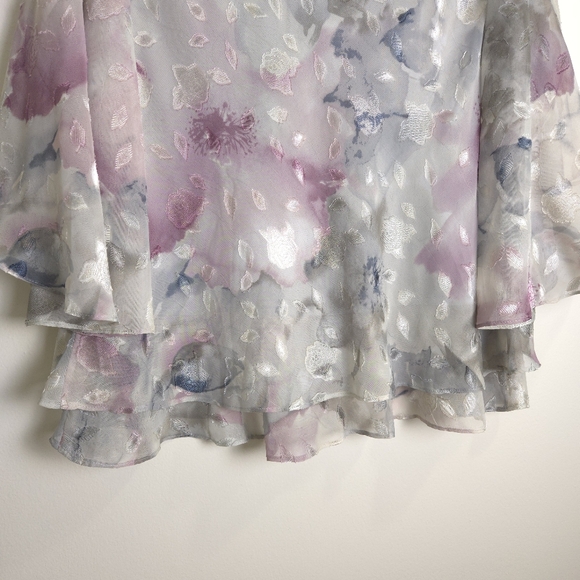 ALEX Evenings Tie Dye 3/4 Sleeve Floral‎ Textured Asymmetric Tier Hem Blouse Mp - Picture 7 of 8